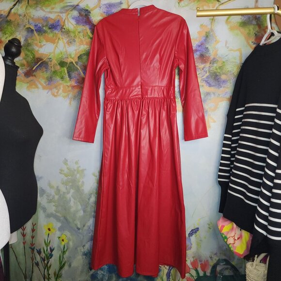 StyleWe Red Faux Leather Long Sleeve Midi Dress With Keyhole Neckline - Picture 7 of 10